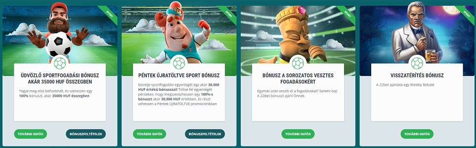 Egyéb bónuszok és promóciós ajánlatok a 22bet oldalán Üdvözlőbónusz 22bet